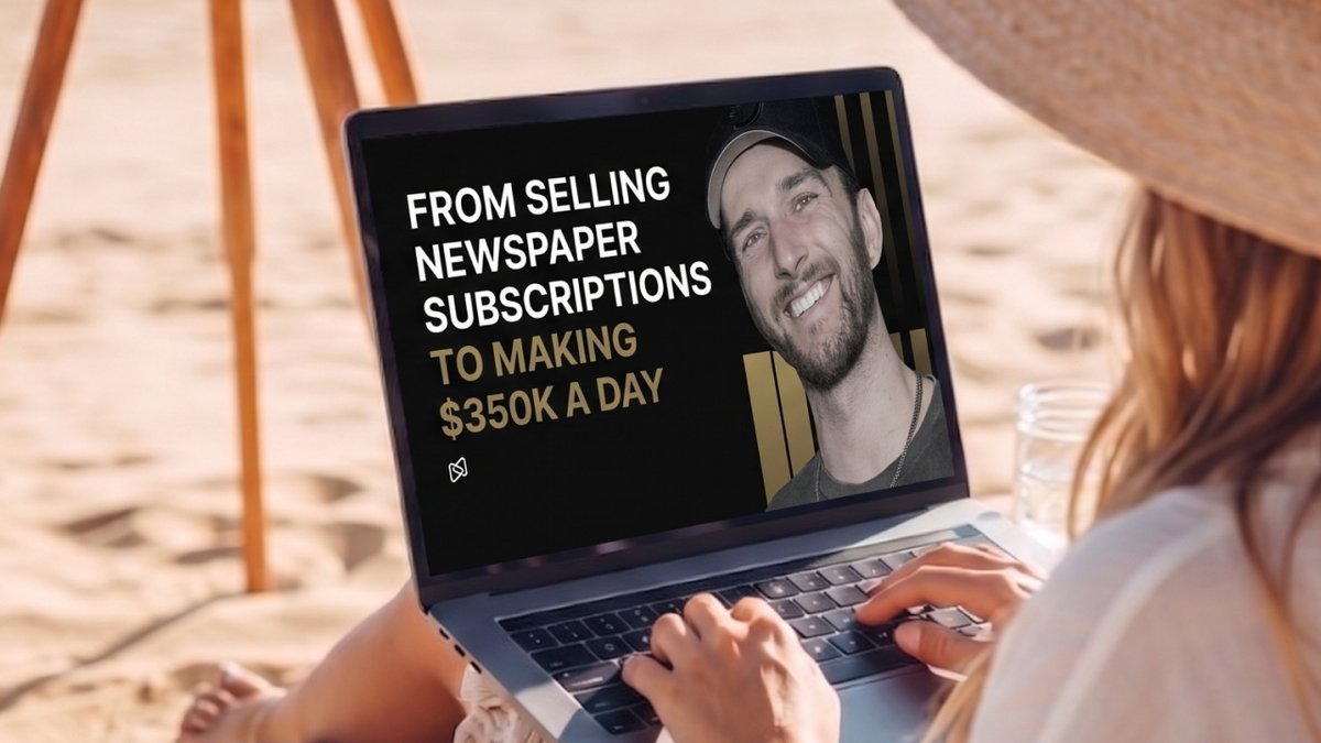 Woman on a beach using a laptop displaying a smiling man and text about making $350K a day.