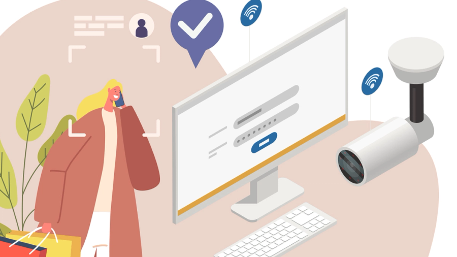 Cartoon showing facial recognition of a woman, a security camera, and a computer login screen.