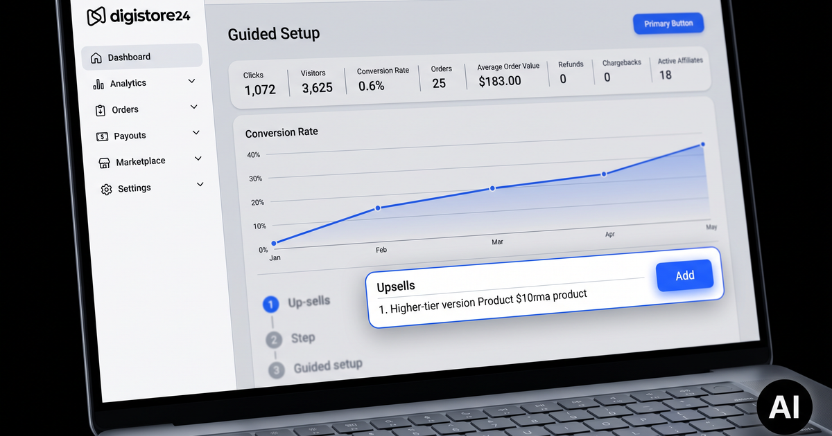 A laptop screen displaying the Digistore24 dashboard with sales analytics, a conversion rate graph, and an upsell suggestion.