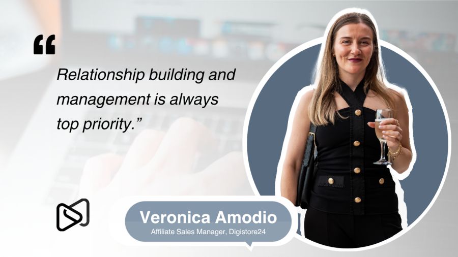 Veronica Amodio, Affiliate Sales Manager at Digistore24, smiles while holding a glass, next to her quote: "Relationship building and management is always top priority."