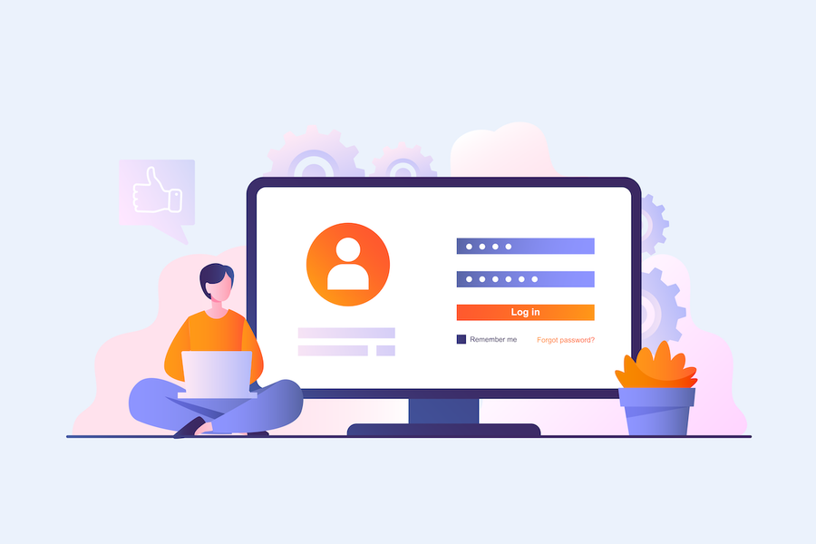 Illustration of a person with a laptop next to a monitor displaying a login screen.