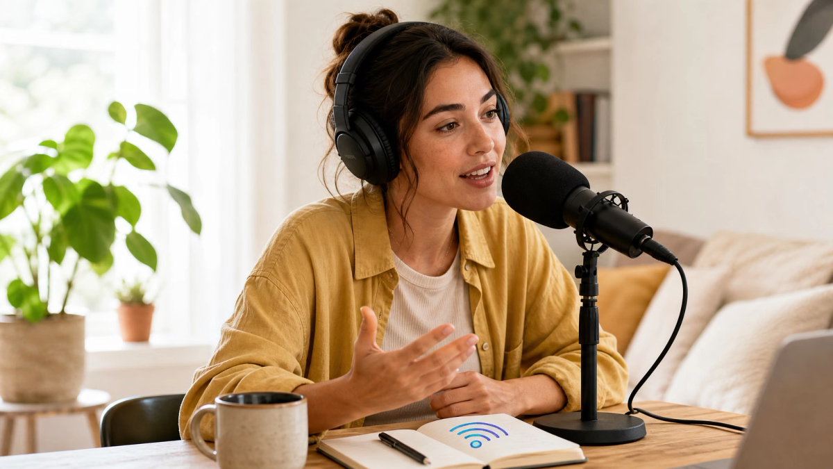 A woman in a yellow shirt and headphones speaks into a podcast microphone.