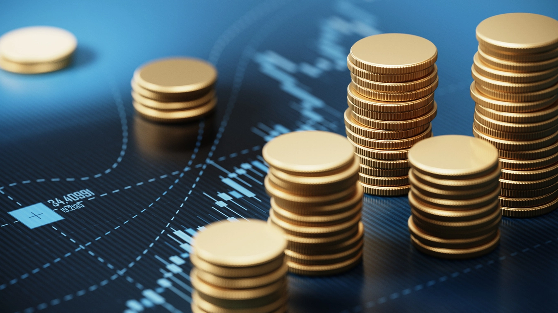 Growing stacks of golden coins on a financial chart background.