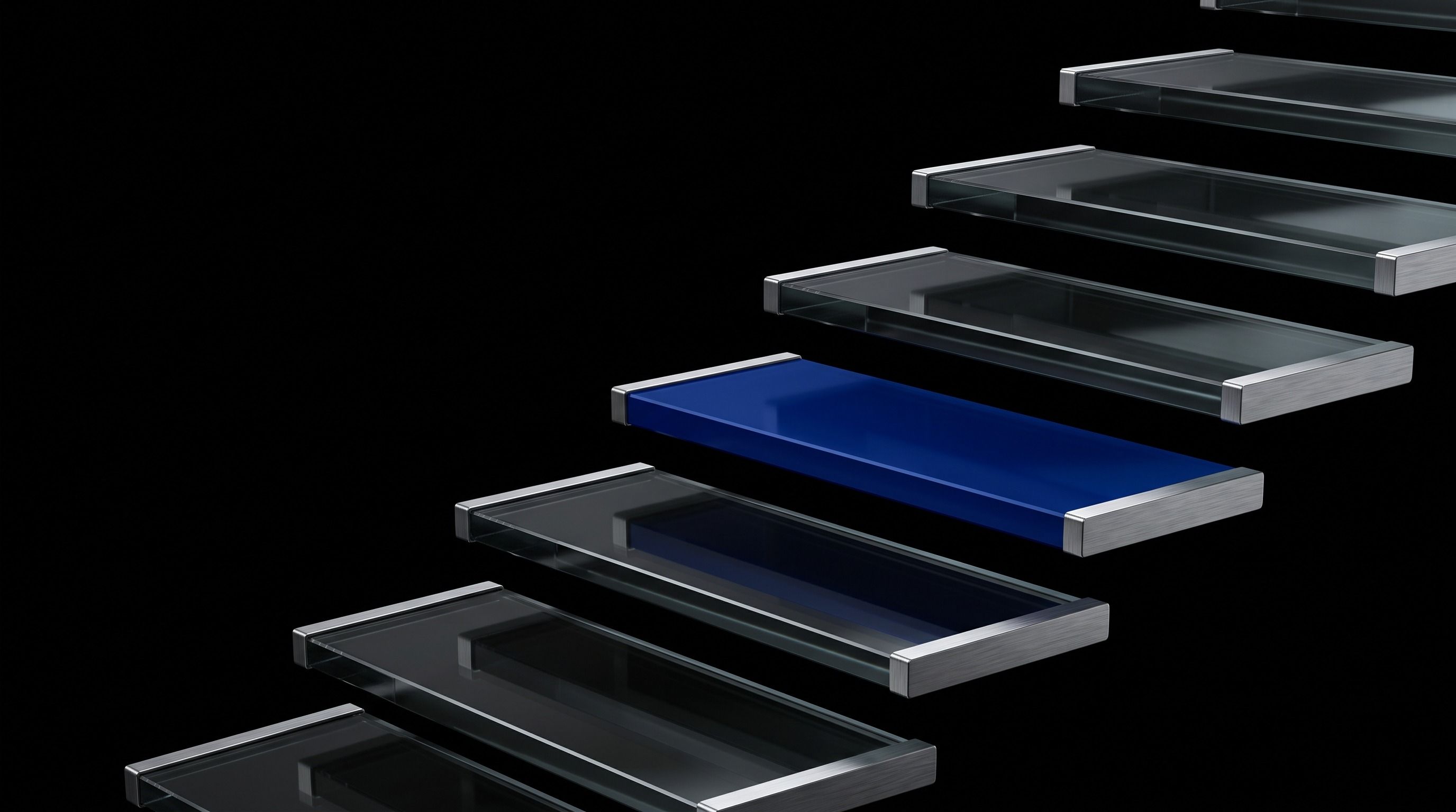 Diagonal line of dark, metal-framed steps on a black background, with one step highlighted in blue.