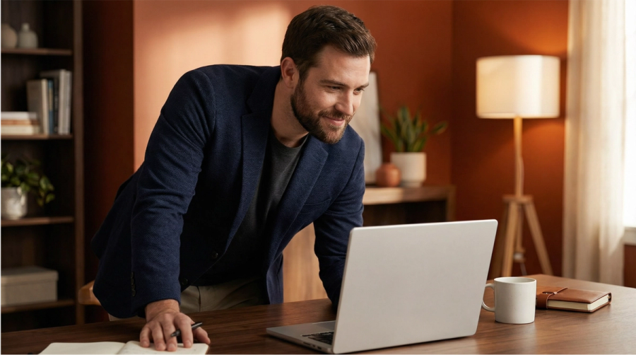 A smiling man in a blazer leans over a desk, looking at a laptop.