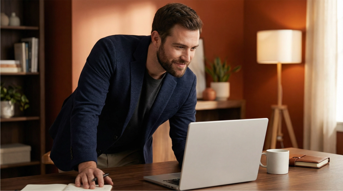 A smiling man in a blazer leans over a desk, looking at a laptop.
