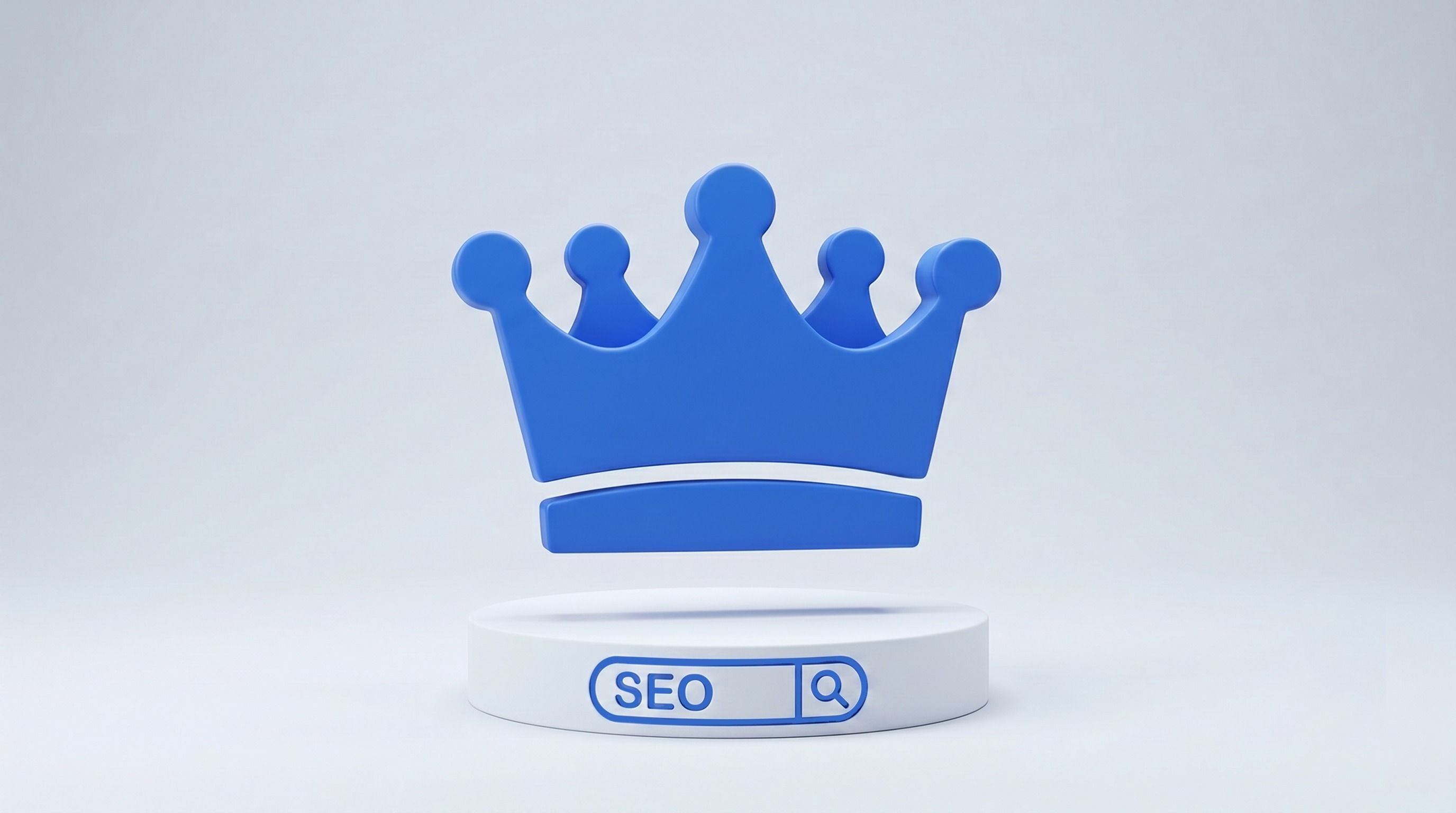 A blue crown floats above a pedestal with "SEO" in a search bar.