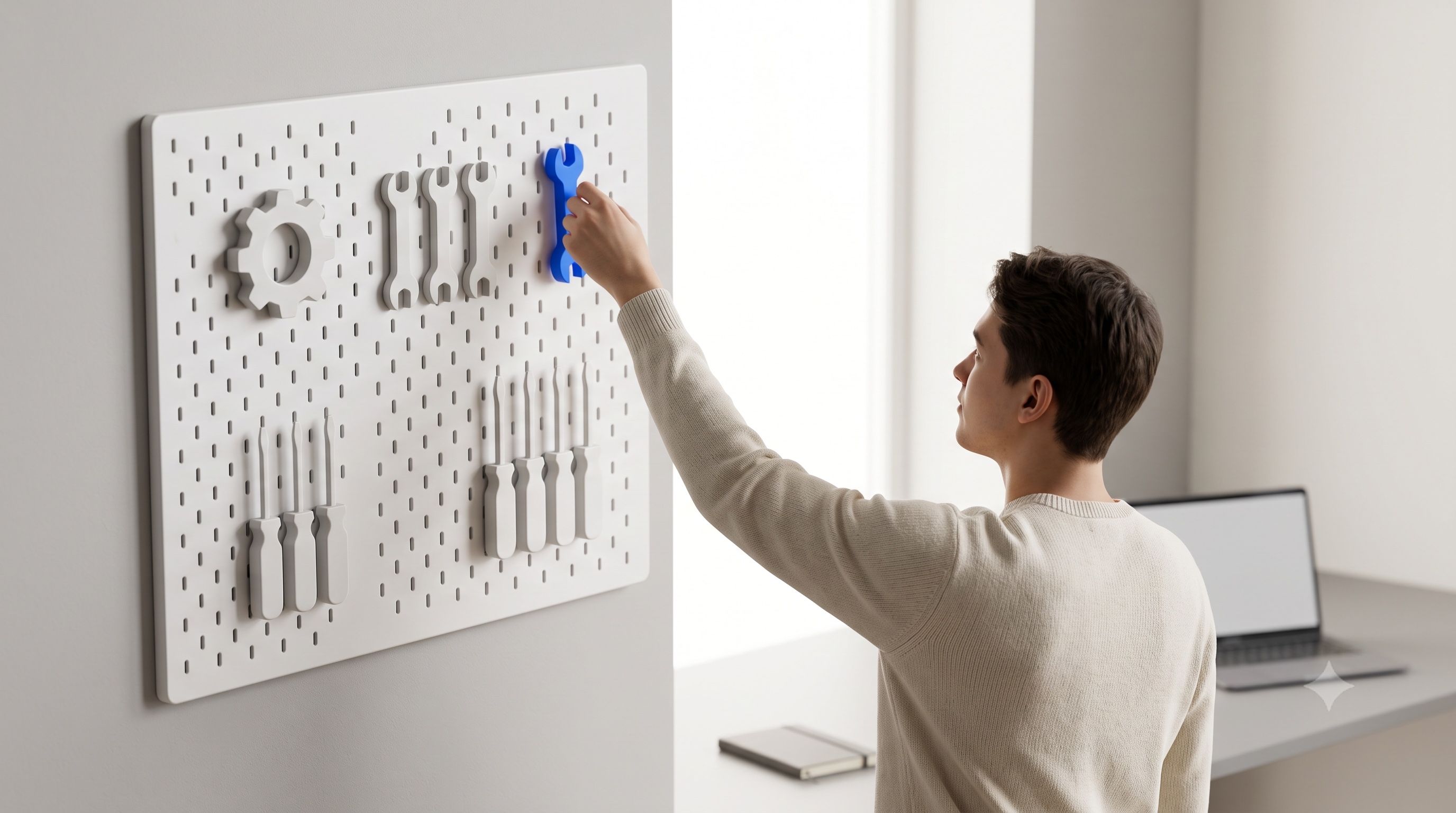 Person hanging a blue wrench on a white pegboard with gray tool shapes.