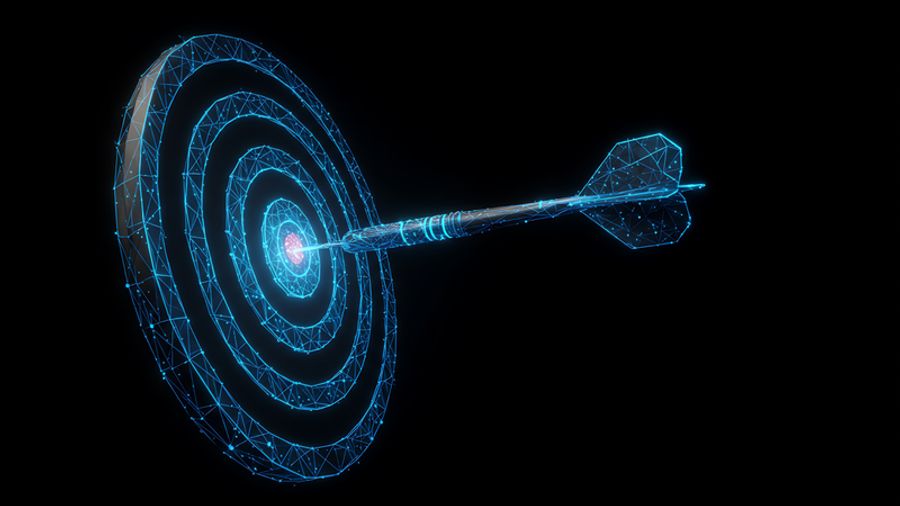 Glowing blue wireframe dartboard with a dart in its red bullseye.