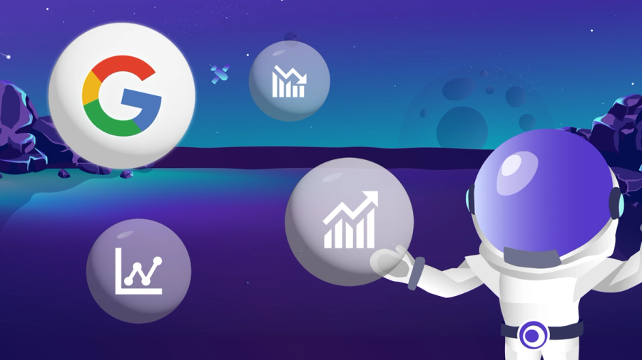 An astronaut in a space scene with the Google logo and floating data analytics icons, including one depicting an upward trend.