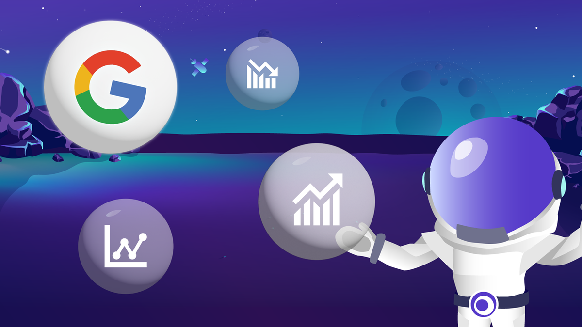 An astronaut in a space scene with the Google logo and floating data analytics icons, including one depicting an upward trend.