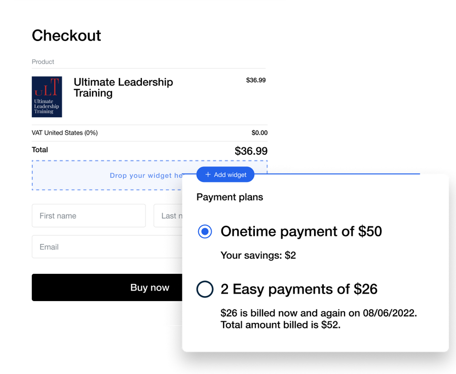 Checkout for "Ultimate Leadership Training" with a payment-plans widget offering a one-time payment or two instalments.