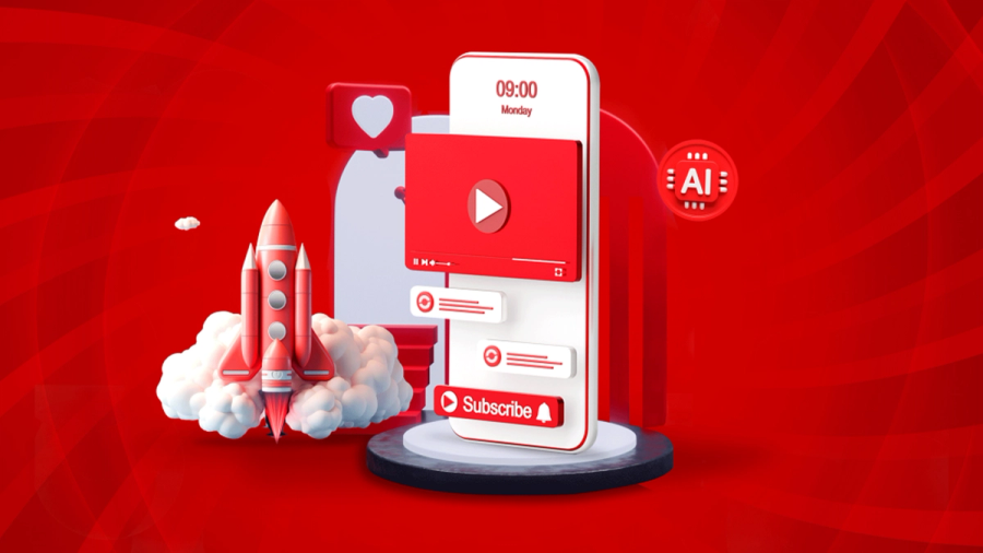 A red rocket launching beside a smartphone displaying a video player, subscribe button, and a heart icon, with an AI icon.