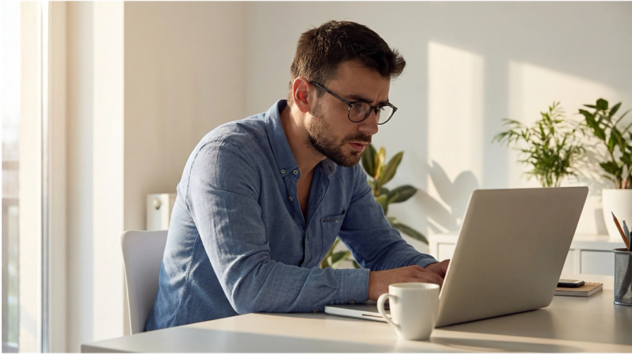 A man in glasses intently typing on a laptop at a sunny desk.