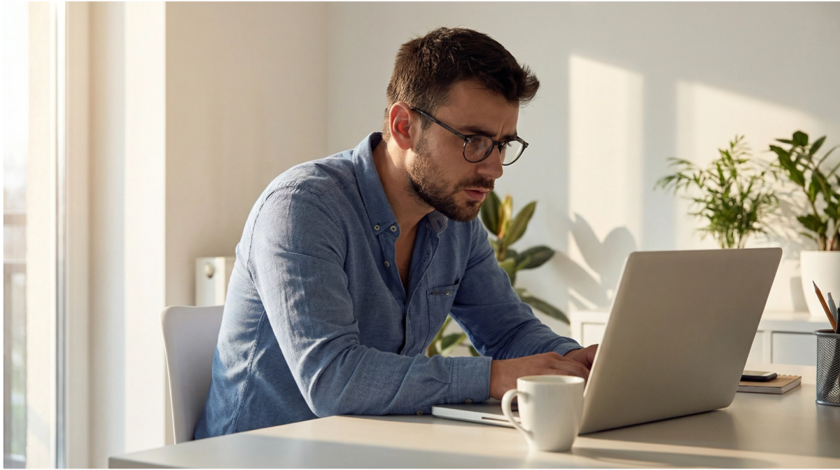 A man in glasses intently typing on a laptop at a sunny desk.