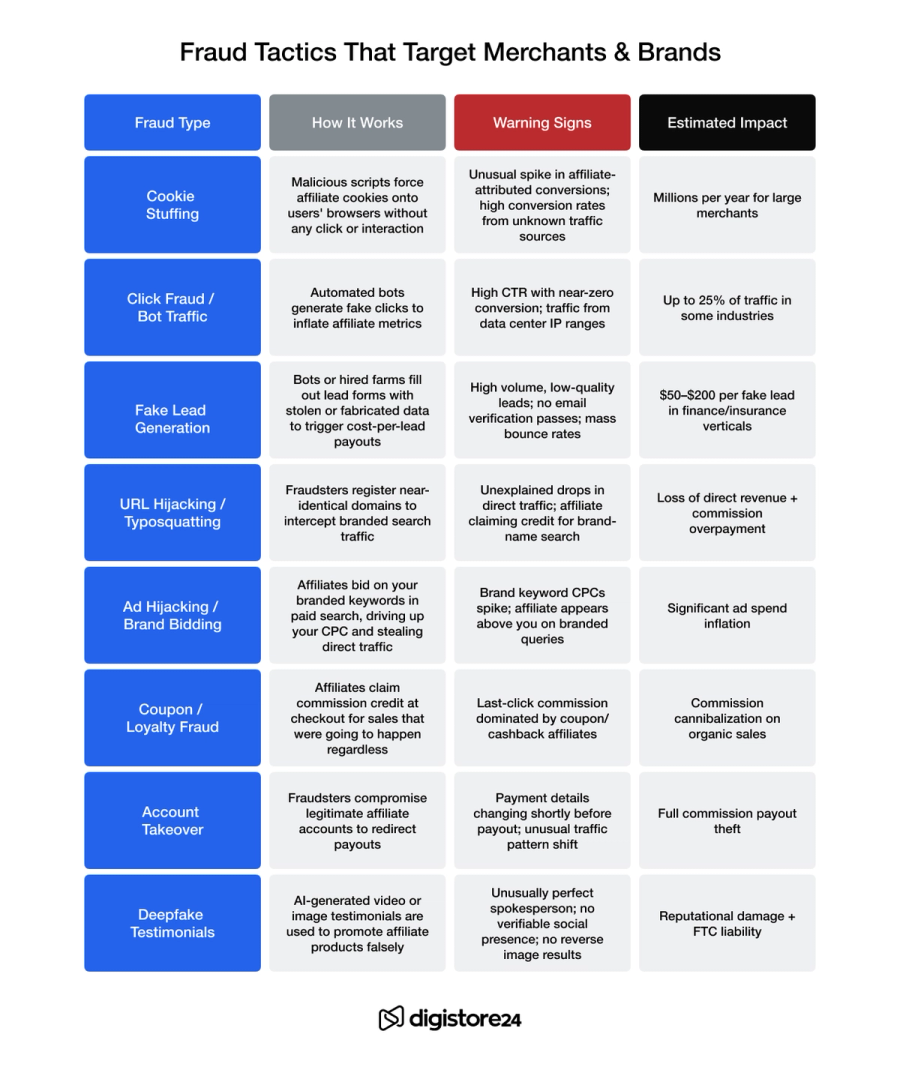 Table titled "Fraud Tactics That Target Merchants & Brands" outlining fraud types, how they work, warning signs, and estimated impact.