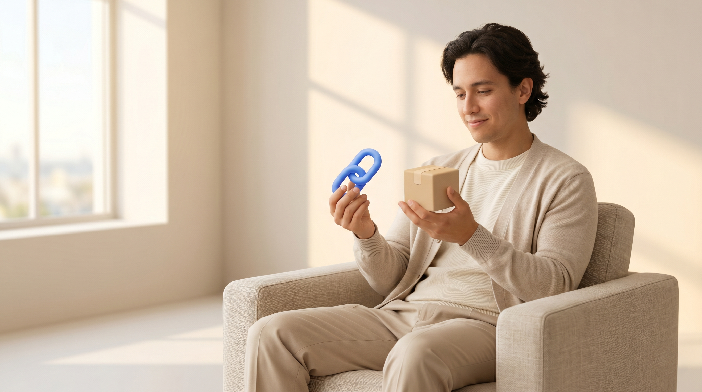 A man sitting in an armchair holds a blue 3D link icon and a small cardboard box, smiling.