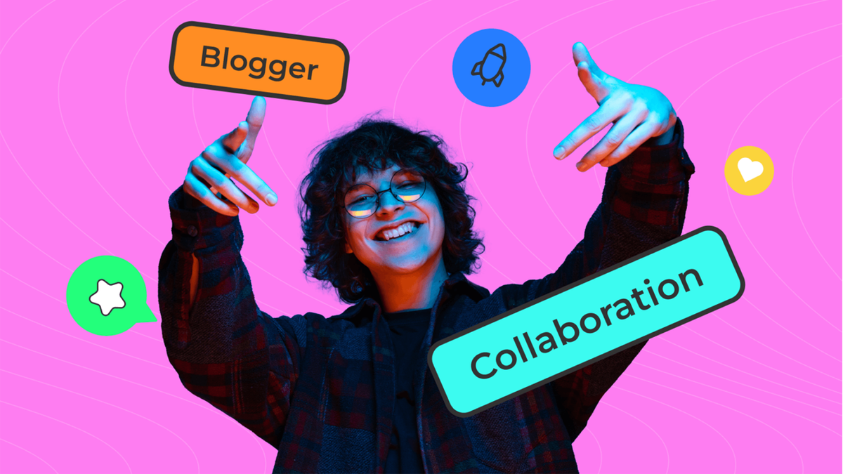 A smiling person with curly hair and glasses, surrounded by floating labels "Blogger" and "Collaboration" on a pink background.