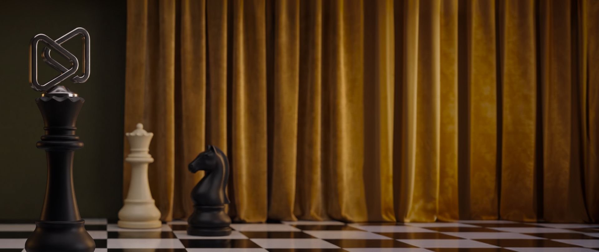 A black king topped with an intertwined metal symbol, a white queen, and a black knight on a chessboard, against golden curtains.