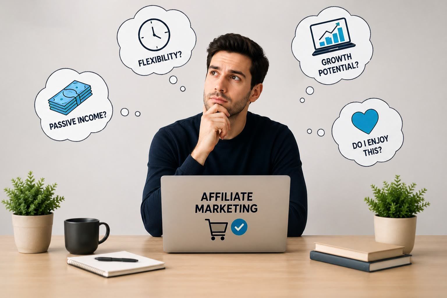 A man ponders "Affiliate Marketing" on his laptop, considering passive income, flexibility, growth potential, and enjoyment in thought bubbles.