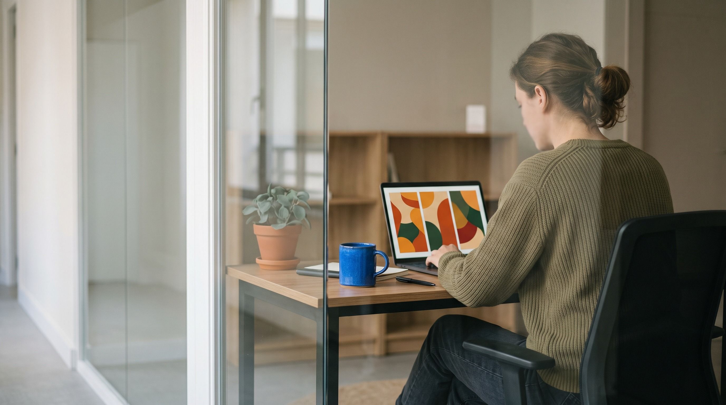 A person works on a laptop displaying abstract art from behind a glass partition.