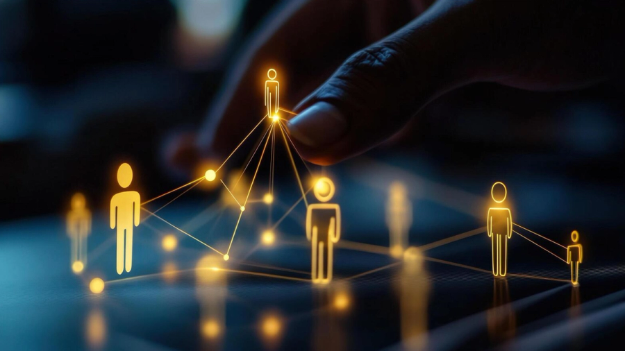 Hand interacting with a glowing orange network of connected human figures.