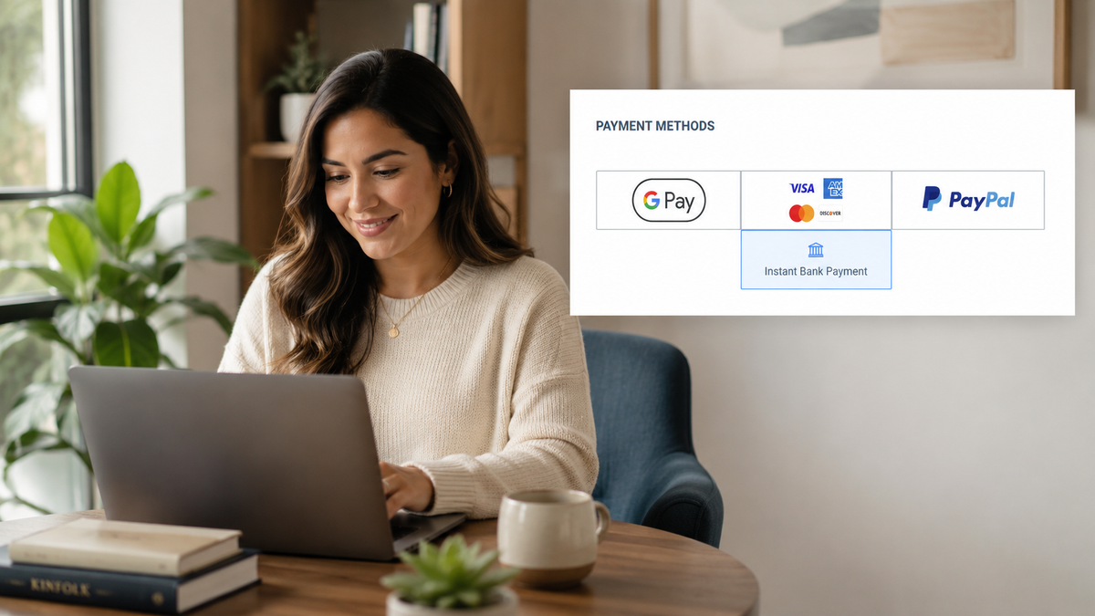 A woman smiling while using a laptop, with an overlaid graphic showing "Payment Methods" including G Pay, Visa, Mastercard, Amex, PayPal, and Instant Bank Payment.
