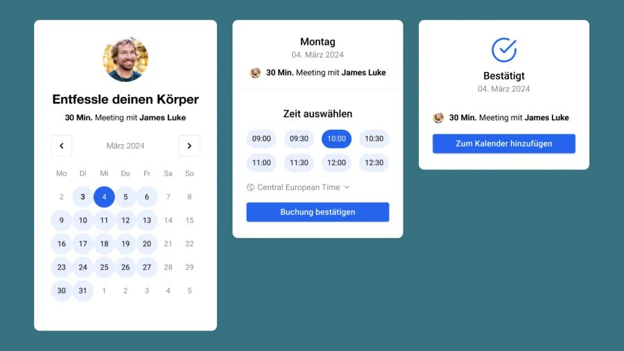 User interface for scheduling a meeting, showing a calendar view, time slot selection (10:00 AM chosen), and a final booking confirmation.