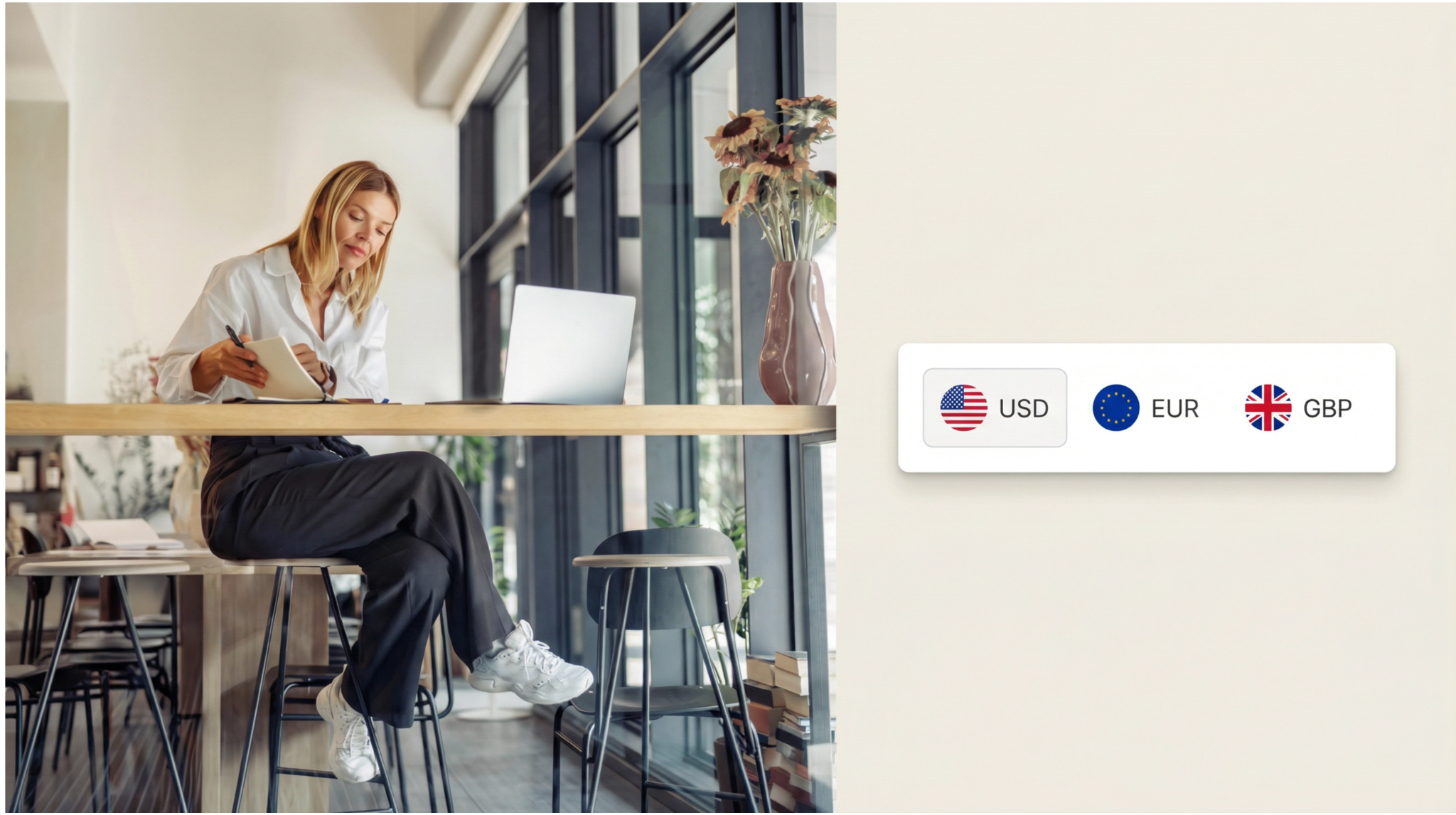 A woman works at a table with a laptop and notebook, next to a currency selector showing USD, EUR, and GBP with USD selected.