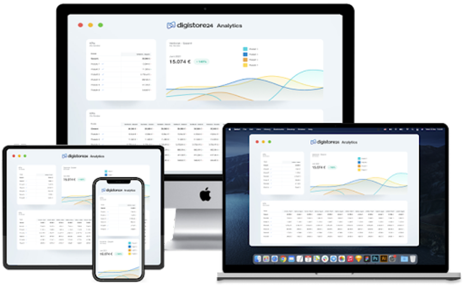 Digistore24 Analytics dashboard displayed on a desktop monitor, laptop, tablet, and smartphone.