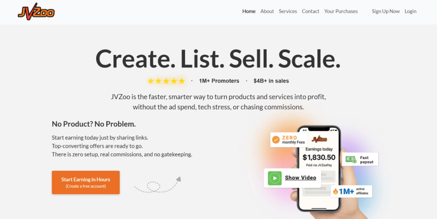 JVZoo website homepage featuring the headline "Create. List. Sell. Scale." and a mobile app displaying today's earnings of $1,830.50.