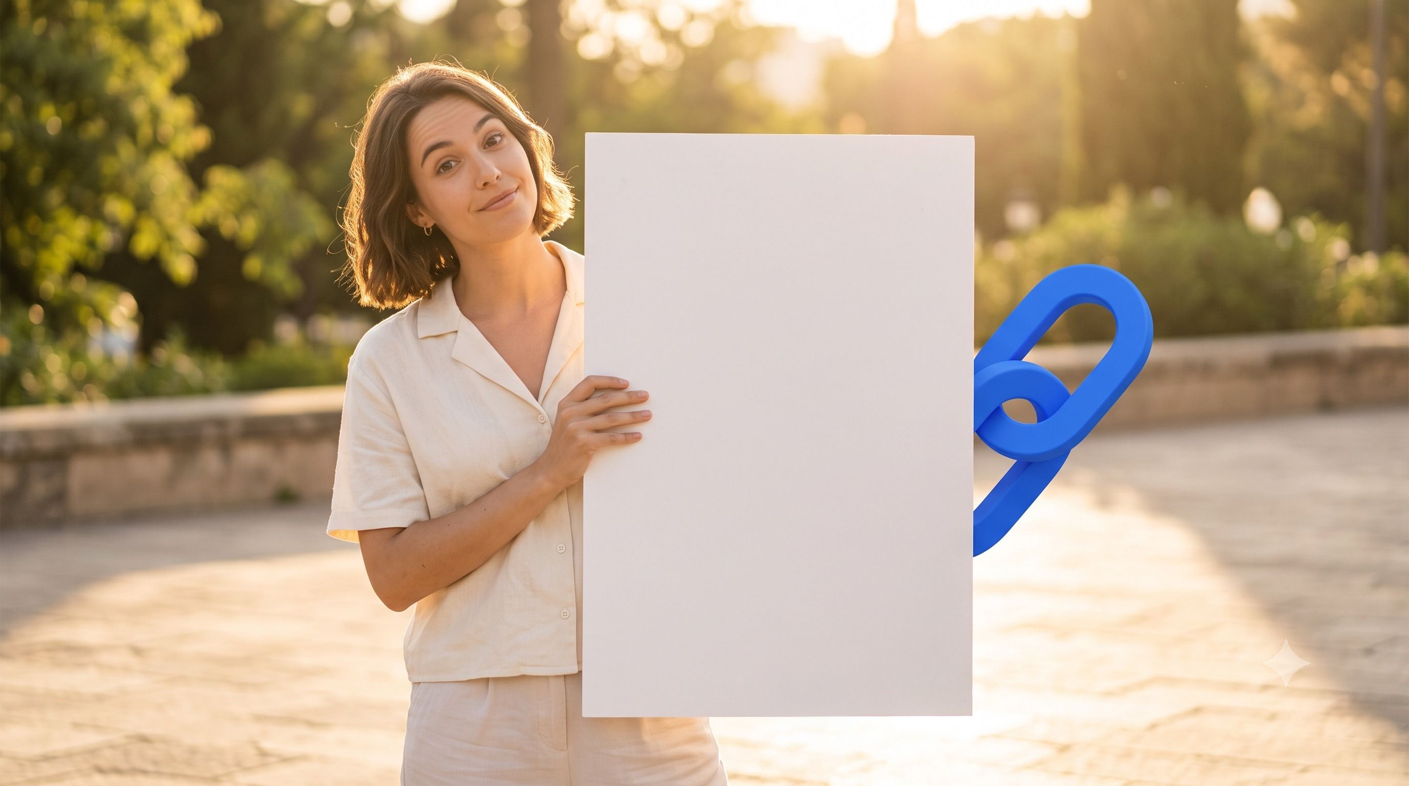 A woman holds a blank white sign with a blue chain link peeking from behind it in a warm, outdoor setting.