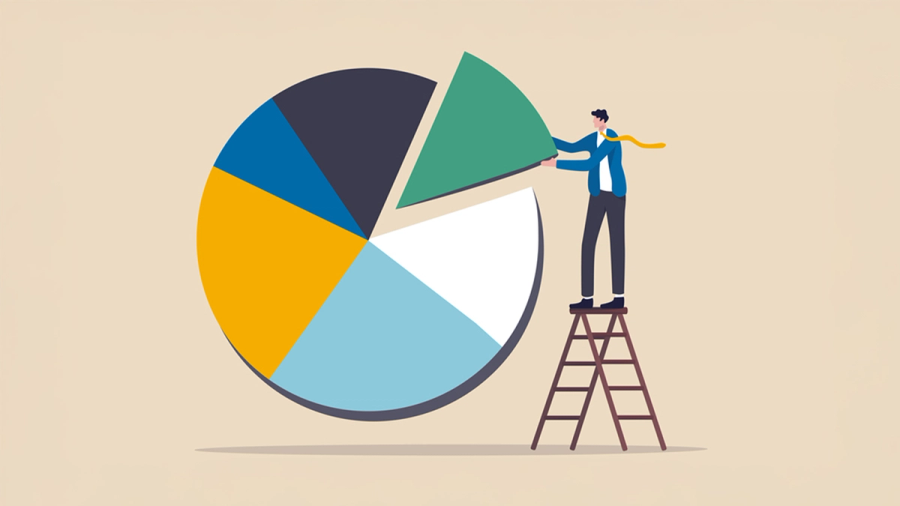 A man on a ladder places the final piece into a colorful pie chart.