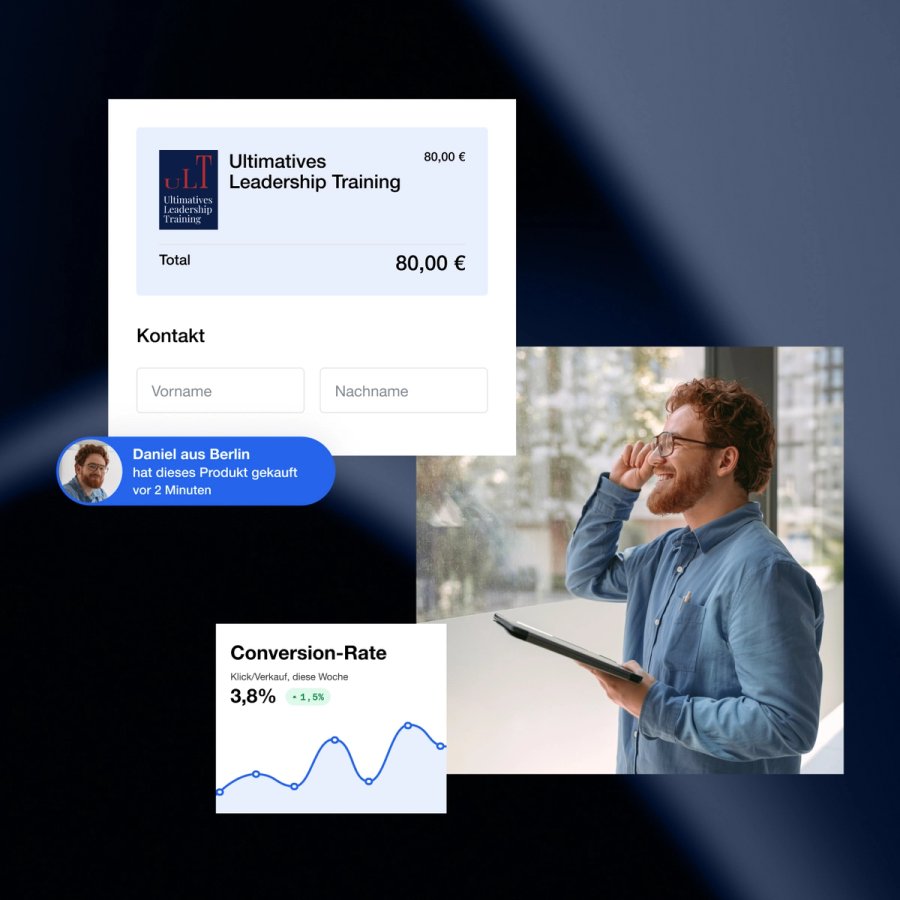 Man with tablet looking out a window, overlaid with an online training purchase screen, a sales notification, and a conversion rate graph.