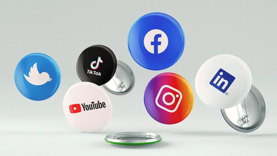 Badges featuring logos of social media platforms including Facebook, Twitter, Instagram, YouTube, TikTok, and LinkedIn.