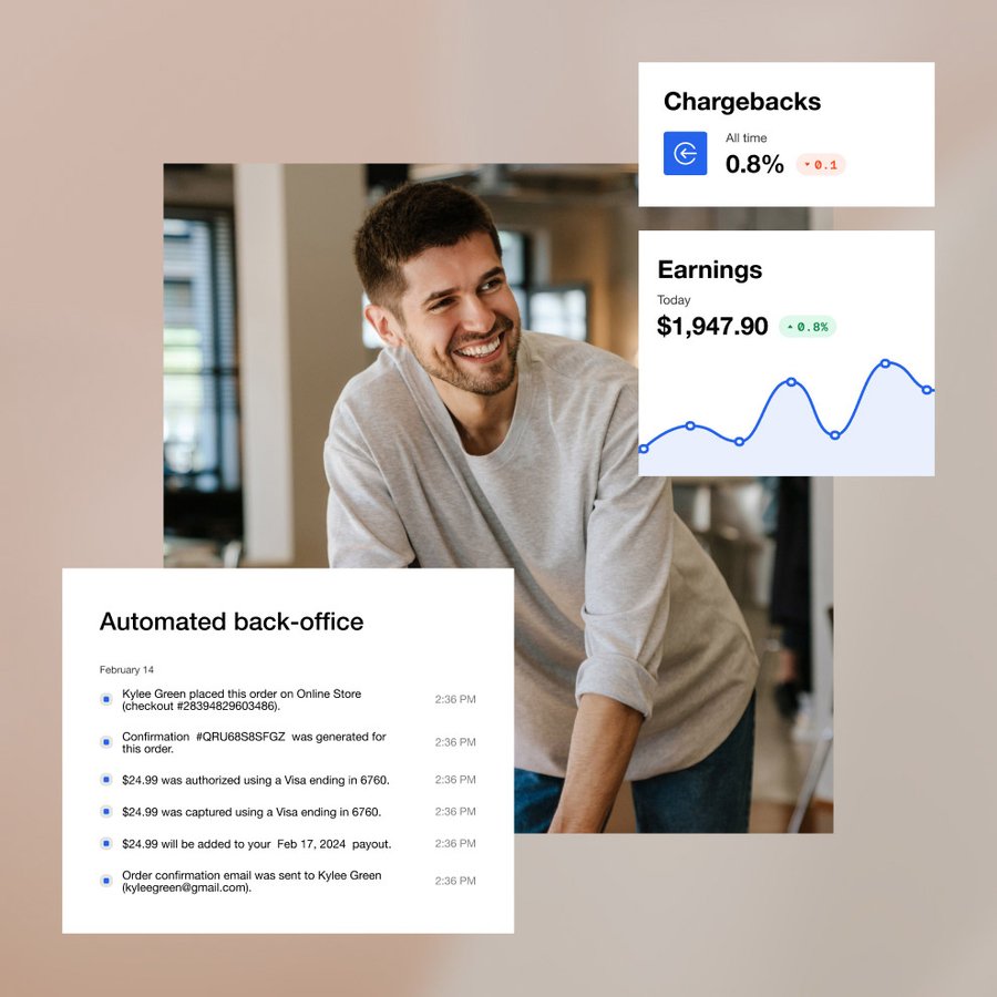 Smiling man with business dashboards showing automated back office, chargebacks, and earnings.