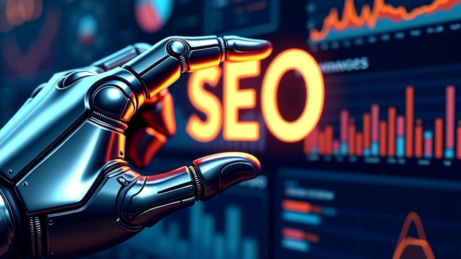 Robotic hand interacting with glowing 'SEO' text on a data display.
