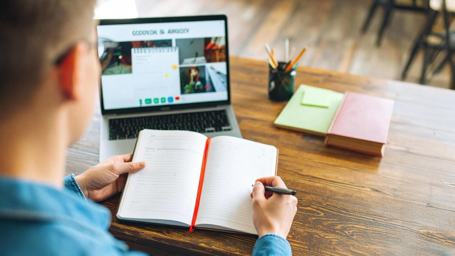 A person writes in a notebook while looking at an open laptop screen on a wooden desk.