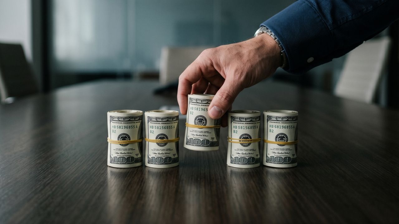 A hand places a roll of $100 bills with four other rolls on a wooden table.