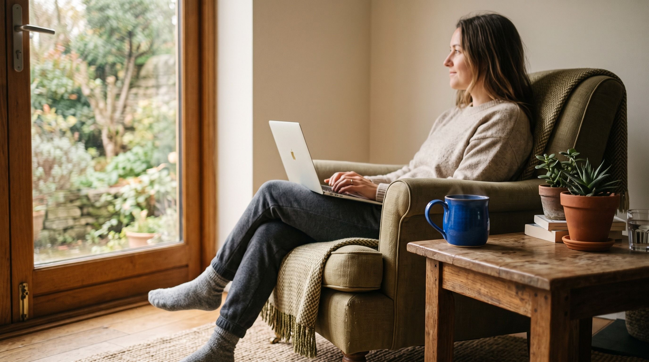 A woman sits in an armchair with a laptop, looking out a window at a garden.