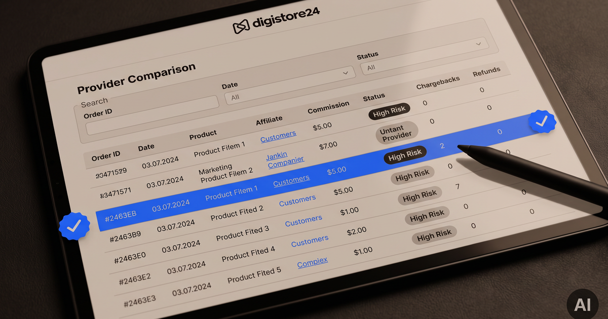 Tablet showing Digistore24 'Provider Comparison' table, a stylus selecting a row with 'High Risk' status and blue checkmarks.