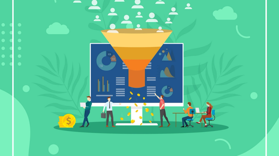 A sales funnel converting customer icons into money, shown on a data dashboard with business people.