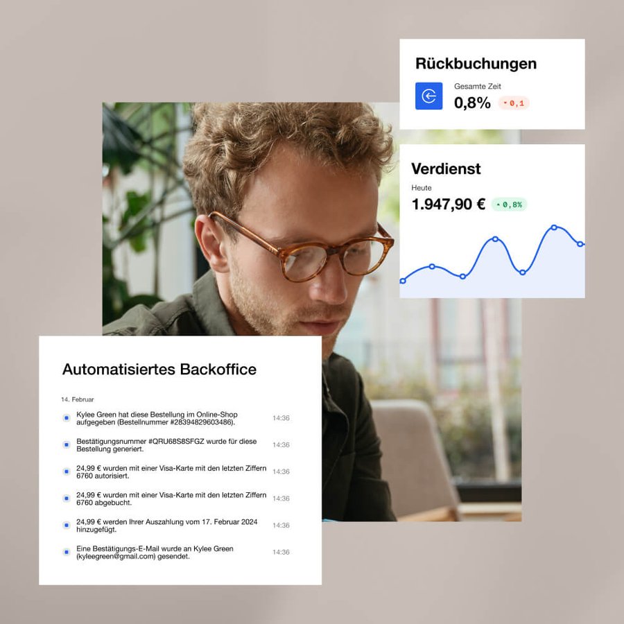 A man in glasses looks down, with overlaid graphics showing business analytics including chargebacks, earnings, and automated backoffice transactions.