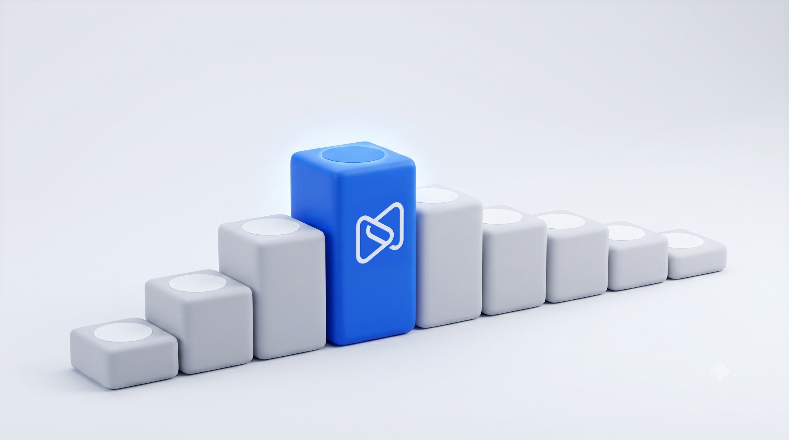 A glowing blue cube with the Microsoft Loop logo stands tallest in a series of grey cubes.