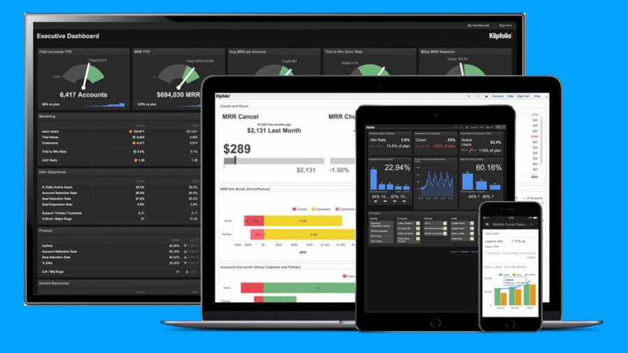 A monitor, laptop, tablet, and smartphone displaying data dashboards with charts and metrics.
