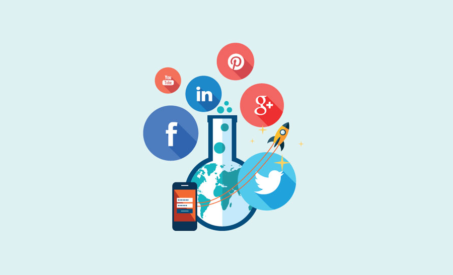 Social media marketing concept: Globe in a flask, social media icons, smartphone, and rocket.