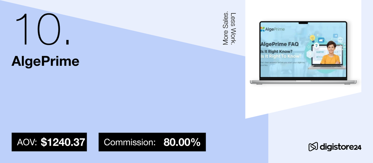 AlgePrime, 10th on a list, with AOV $1240.37 and 80% commission. A laptop shows its FAQ page.