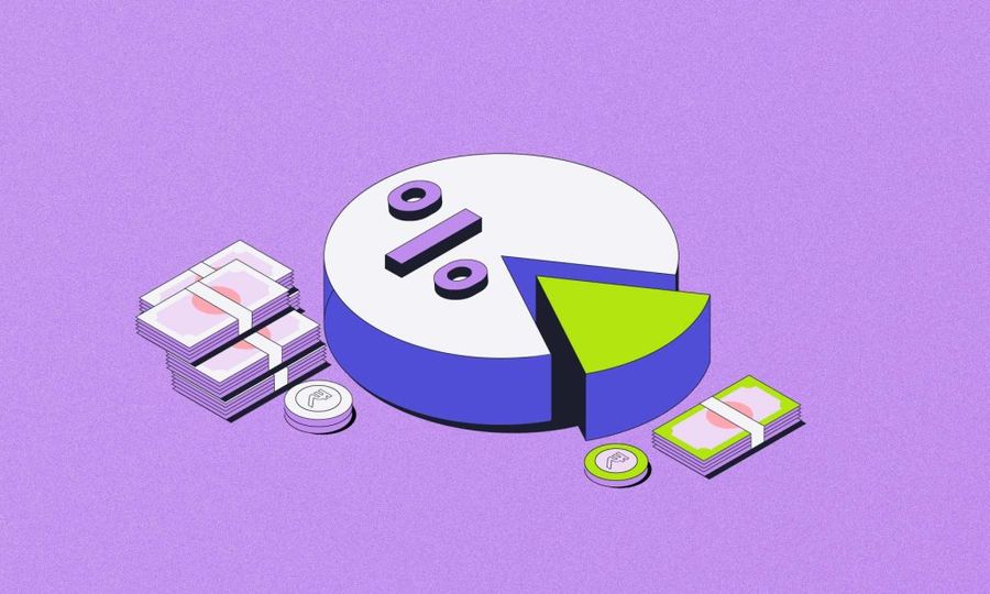 Isometric financial illustration showing a pie chart with a percentage symbol, a separated green slice, and stacks of cash and coins.