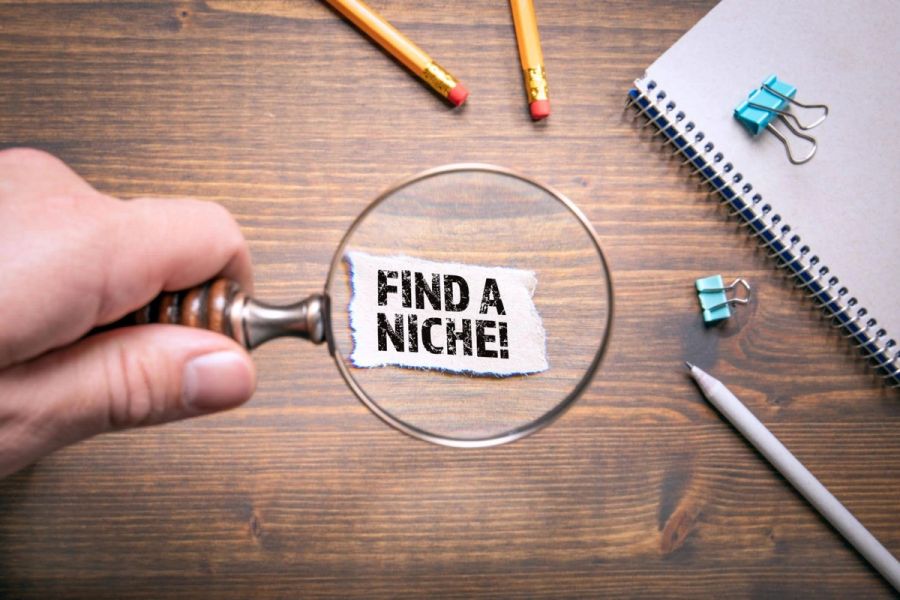 A hand holds a magnifying glass over a paper slip that reads "FIND A NICHE!", on a wooden desk with office supplies.