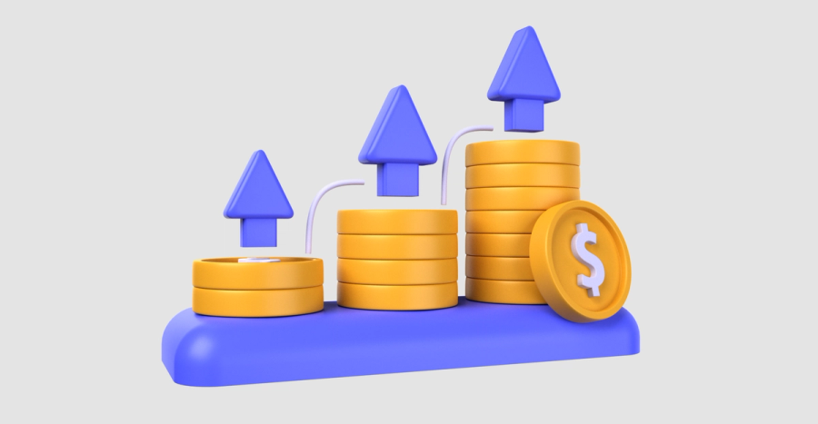 3D illustration of increasing stacks of coins with upward arrows, representing financial growth.